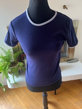 Mango Navy Short Sleeve Crewneck Tee with Light Blue Trim